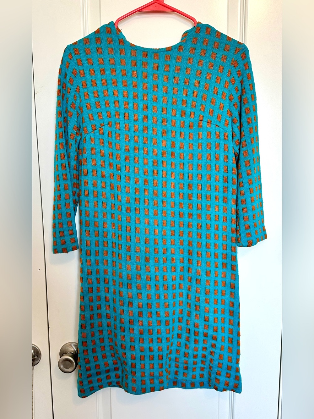 Authentic Vintage 1960s Mod Geometric Knit Mini Shift Dress Turquoise and Orange